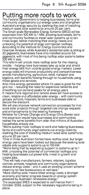 Putting more roofs to work, article from Moruya Mail